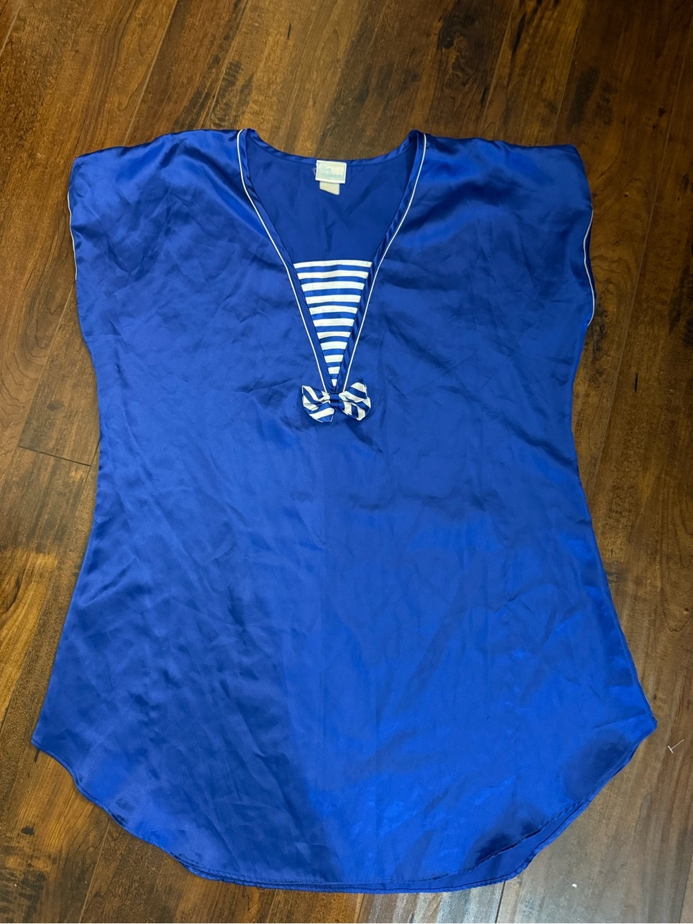 Vintage Sleep Solutions Royal Blue Satin Nightgown Nautical Striped Bow Medium
